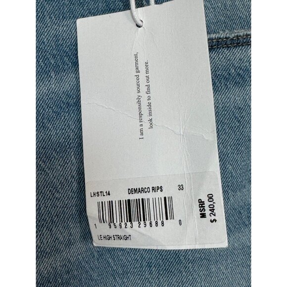 Frame Le High Straight Demarco Rips Jeans Size 33 Light Wash Distressed Denim - Picture 2 of 4